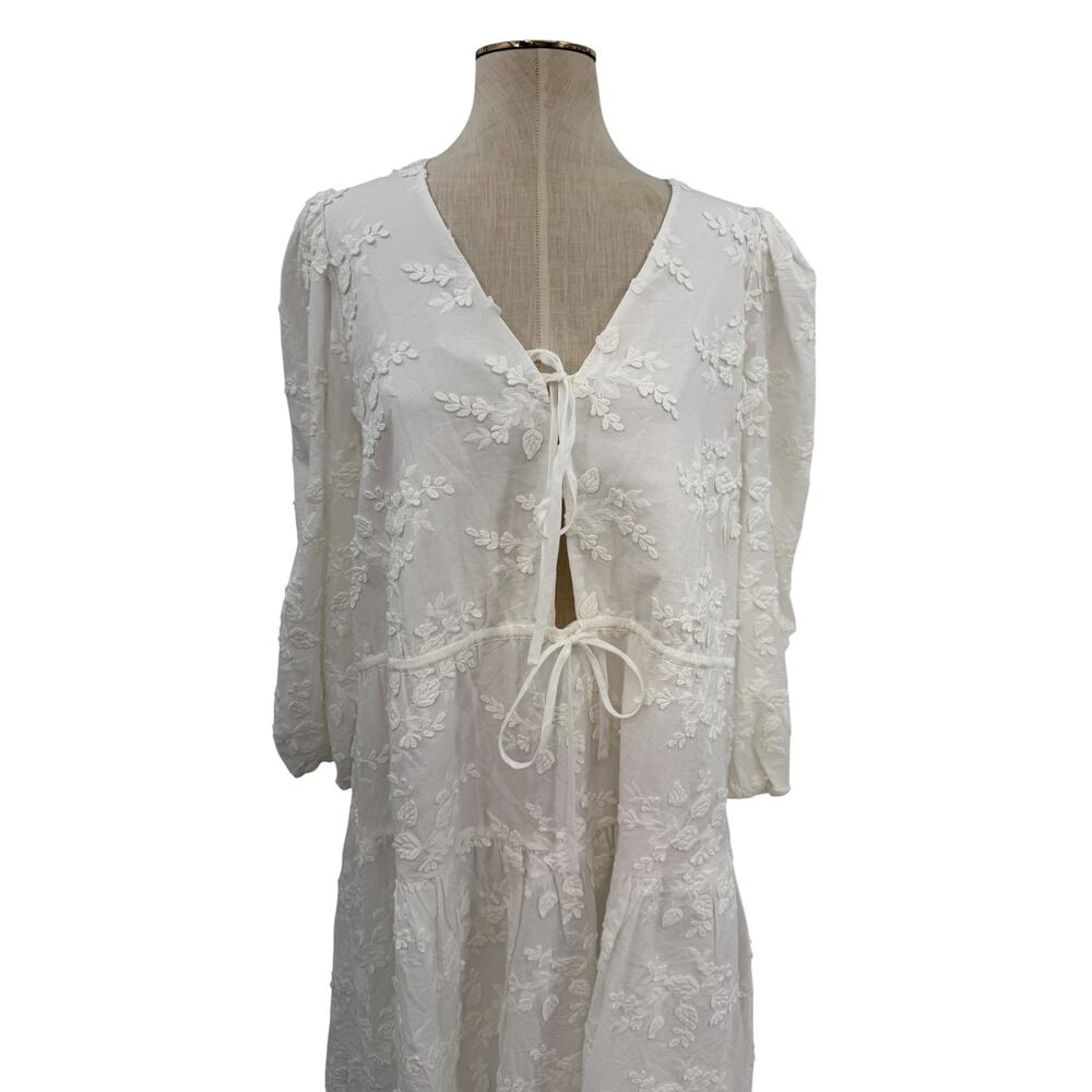 & Other Stories Embroidered Tie Front Cotton Mini Dress White US 12 - Picture 3 of 12
